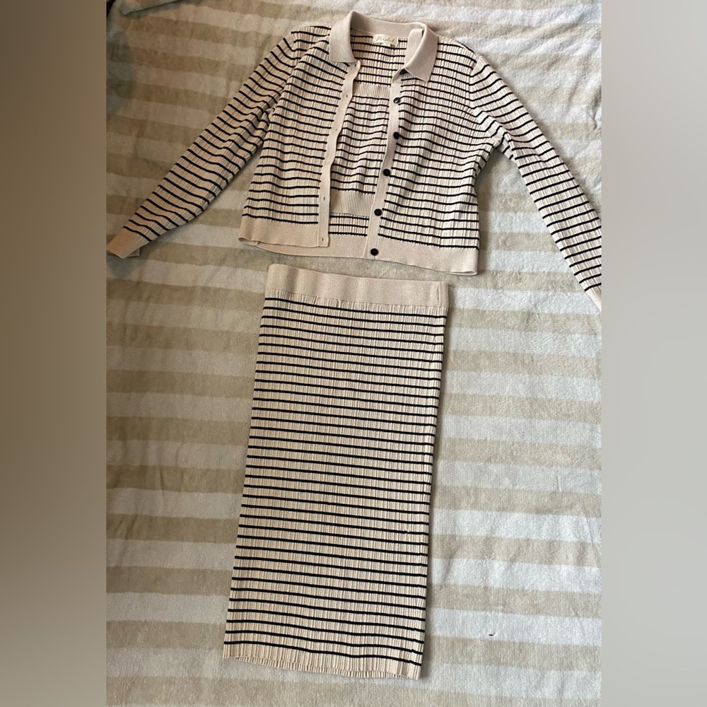 Marled Black and Cream Striped Skirt Set